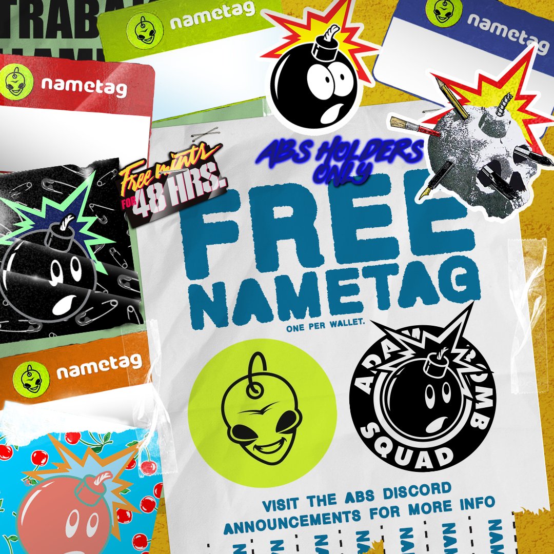 AdamBombSquad's tweet photo. Sup Squad! We teamed up with @nametagtweets to give ABS NFT holders a FREE Nametag for the next 48 hours.

Head over to https://t.co/5xrUUDeyUF to claim yours! Visit our discord announcements for more info. 💥 https://t.co/KrGzwAPK3s