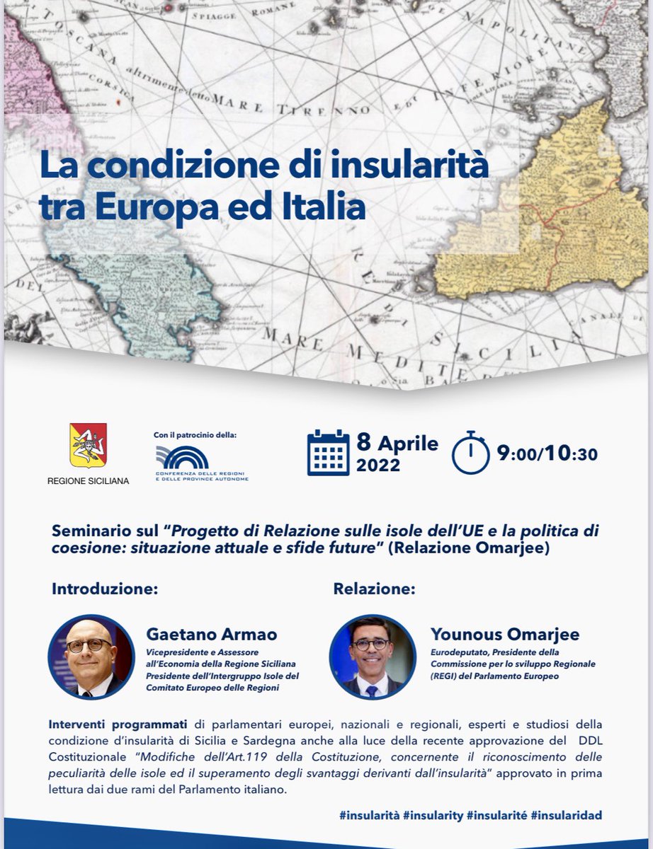 Domattina dalle 9 alle 10:30, confronto sulla condizione di insularità tra Europa ed Italia, con il Presidente della Commissione Sviluppo regionale del <a href="/Europarl_IT/">Parlamento europeo</a> presso la sede di Roma della <a href="/Regione_Sicilia/">Regione Siciliana</a> <a href="/CPMR_ISLANDS/">Islands Commission</a> <a href="/CoR_President/">Kata Tüttő</a> @CoR_EU <a href="/RegioneSarda/">Regione Sarda</a> #insularità