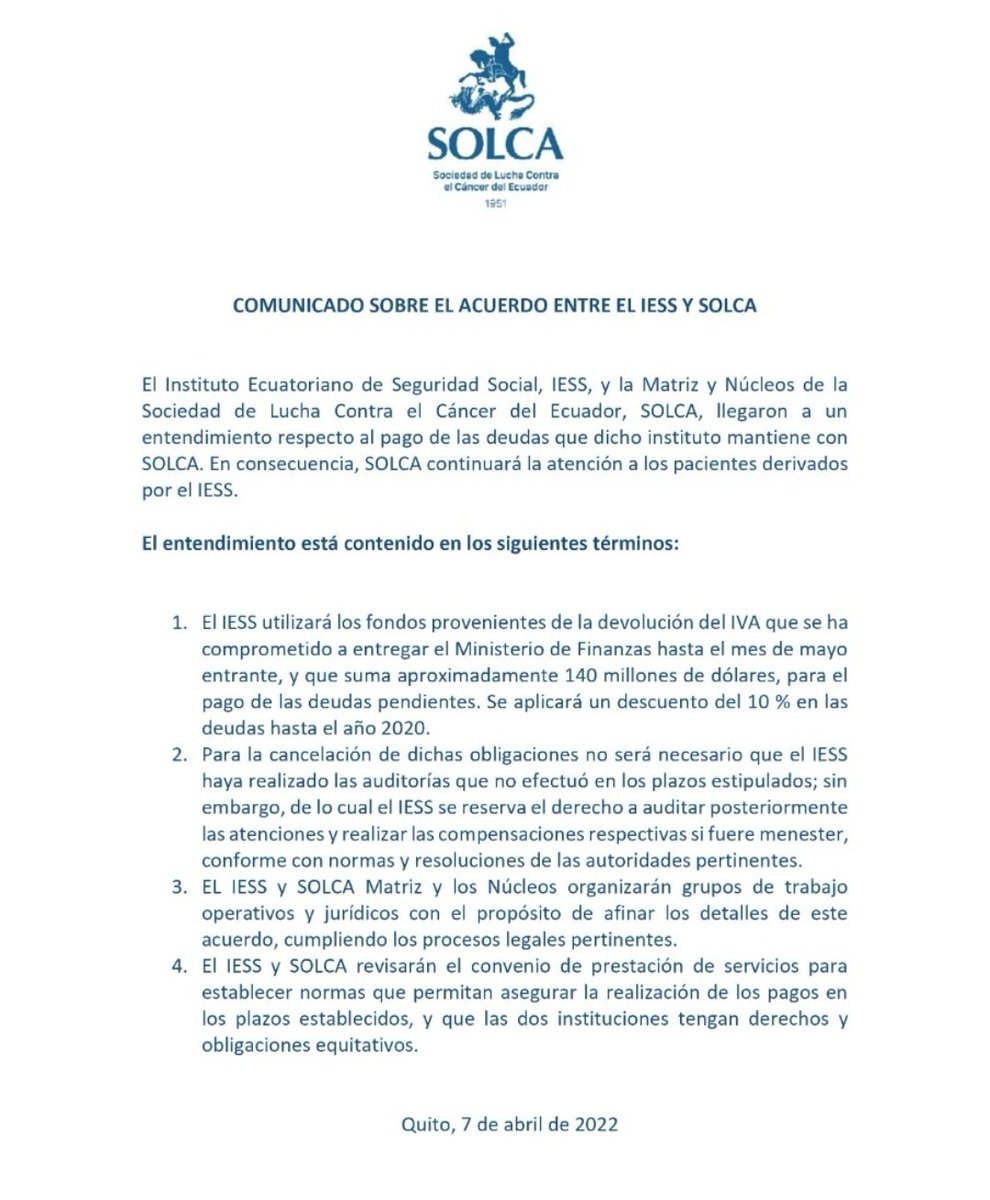 SolcaGuayaquil's tweet photo. Comunicamos a nuestra comunidad los términos acordados con el @IESSec. La atención para los afiliados no se suspenderá. La matriz y los núcleos reiteran su compromiso para con sus guerreros 💪. @Solca_Manabi @MachalaSolca @SolcaCuenca @solca_loja #SolcaQuito #SolcaTungurahua https://t.co/AsFe2irn39