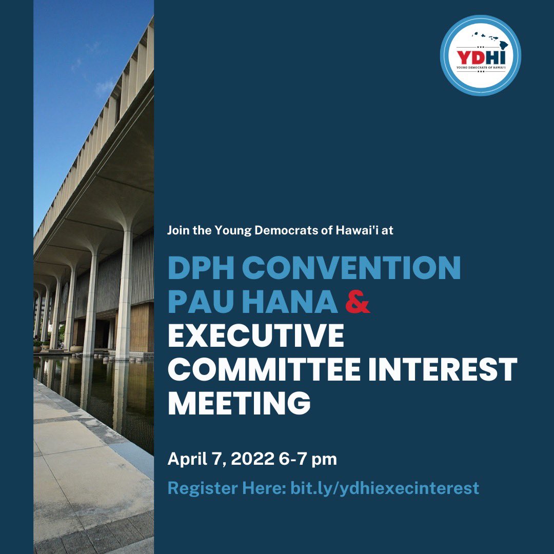 YoungDemsHI's tweet photo. Are you looking to get more involved in Hawai’i politics and/or YDHI? Join us TONIGHT to get important information on the upcoming Democratic Party of Hawai’i conference &amp; YDHI e-board elections!

Learn more at our pau  tonight at 6 pm! Link to register: https://t.co/GUxjeBHH36 https://t.co/NygyaJ1eS0