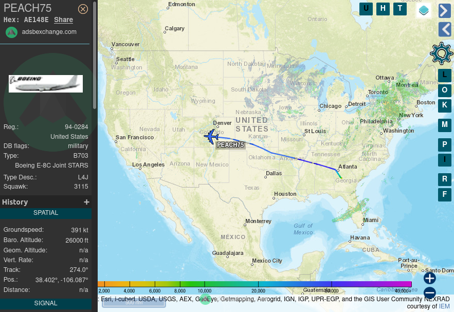 TheIntelFrog's tweet photo. Another E-8C Joint STARS #AE148E as PEACH75 is westbound over Colorado from Warner Robbins AFB, GA. https://t.co/RAvLIRXzPZ