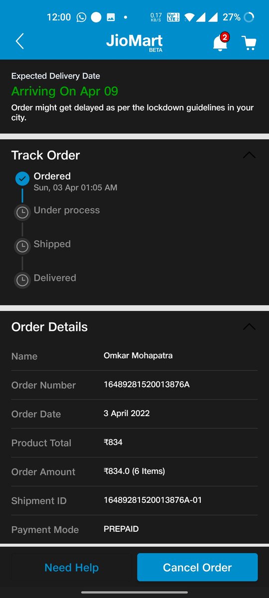 vickey17484100's tweet photo. @JioMart I have ordered on 3/4/22 it was prepaid and not its 8/4/22 i haven't got delivery of the goods even it has not got billed..

Kindly look forward this.
And i am surprised that whenever i prepay it gets delayed but whenever I order on COD (Cash on delivery) it gets delivered soon. https://t.co/xwRY5PWUfV