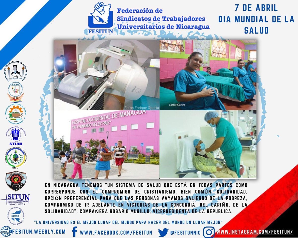 #7Abril #FESITUN Celebra el Dia Mundial de la Salud.
En Nicaragua tenemos "un sistema de salud que está en todas partes como corresponde con el compromiso de cristianismo, bien común, solidaridad". Compañera Rosario Murillo, Vicepresidenta de la república. <a href="/FNT_Nicaragua/">FNT</a>
