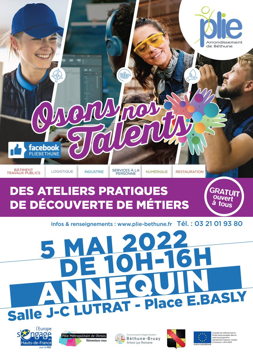 𝑶𝒔𝒐𝒏𝒔 𝑵𝒐𝒔 𝑻𝒂𝒍𝒆𝒏𝒕𝒔 - Avez vous votre billet ?
Annequin Mardi 5 Mai 𝟭𝟬 𝙝 𝙥𝙤𝙪𝙧 𝙩𝙚𝙨𝙩𝙚𝙧 𝙡𝙚𝙨 𝙢𝙚́𝙩𝙞𝙚𝙧𝙨 𝙦𝙪𝙞 𝙧𝙚𝙘𝙧𝙪𝙩𝙚𝙣𝙩.. 
N'oubliez pas votre billet : plie-bethune.fr/osons-nos-tale…
Avec le soutien du Pôle métropolitain de l'Artois, Béthune-Bruay