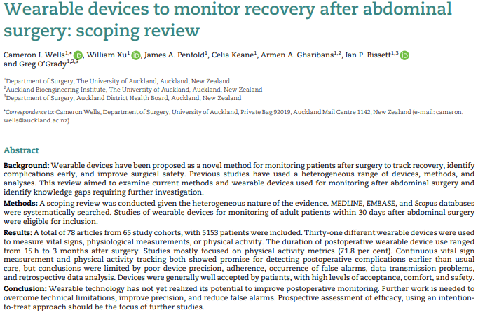Can #wearables monitor #recovery after #surgery?
Scoping review on use after abdo. surgery.

78 articles/5153 pts
Worn 15h-3months
🏃Focus on physical activity metrics
🔔Issues with false alarms &amp; data transmission issues.

doi.org/10.1093/bjsope…

#some4surgery #digitalsurgery
