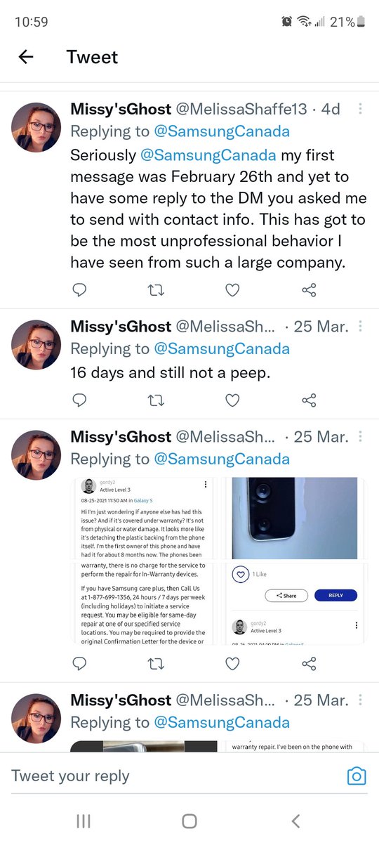 MelissaShaffe13's tweet photo. So I'm not dropping it @SamsungMobile &amp; @SamsungCanada. This is the first time I had to reach out and after failed attempts on samsung platform, I am lied to and completely ignored. Way to prove my point. https://t.co/K7XLKbihXI
