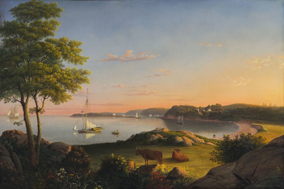 masha_tee's tweet photo. #FitzHenryLane rendered the natural and the manmade with precision and topographical accuracy. The marriage of science and art characterized his paintings throughout his career. @HudsonRivMuseum is the proud new forever home of Gloucester, Stage Fort Beach, 1849. #HRMCollections https://t.co/hOvS5y47rj