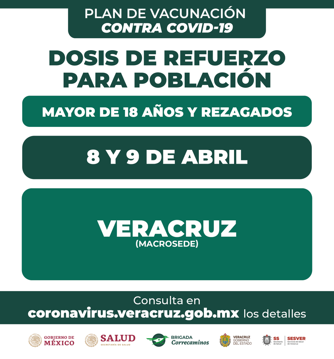 GobiernoVer's tweet photo. Mañana viernes 08 de abril, inicia el Plan de Vacunación con dosis de refuerzo para💉 personas de 18 años y más así como población rezagada en estos municipios 👇.

Visita https://t.co/w6Y6JgD218 y entérate de todos los detalles. https://t.co/zCCjlkBoAE