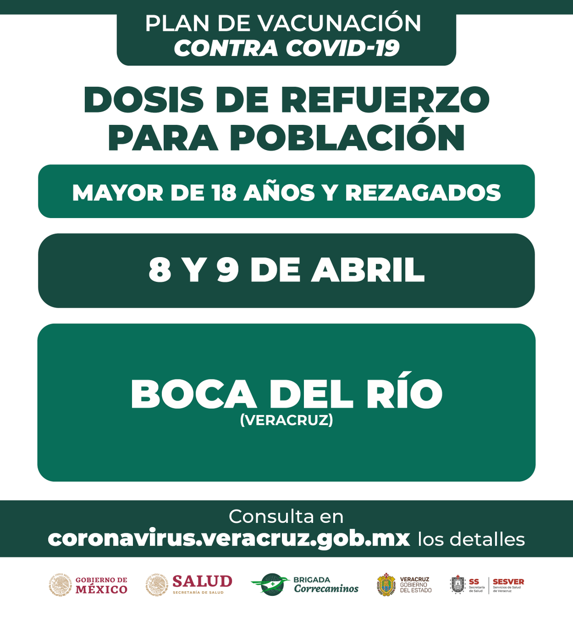 GobiernoVer's tweet photo. Mañana viernes 08 de abril, inicia el Plan de Vacunación con dosis de refuerzo para💉 personas de 18 años y más así como población rezagada en estos municipios 👇.

Visita https://t.co/w6Y6JgD218 y entérate de todos los detalles. https://t.co/zCCjlkBoAE