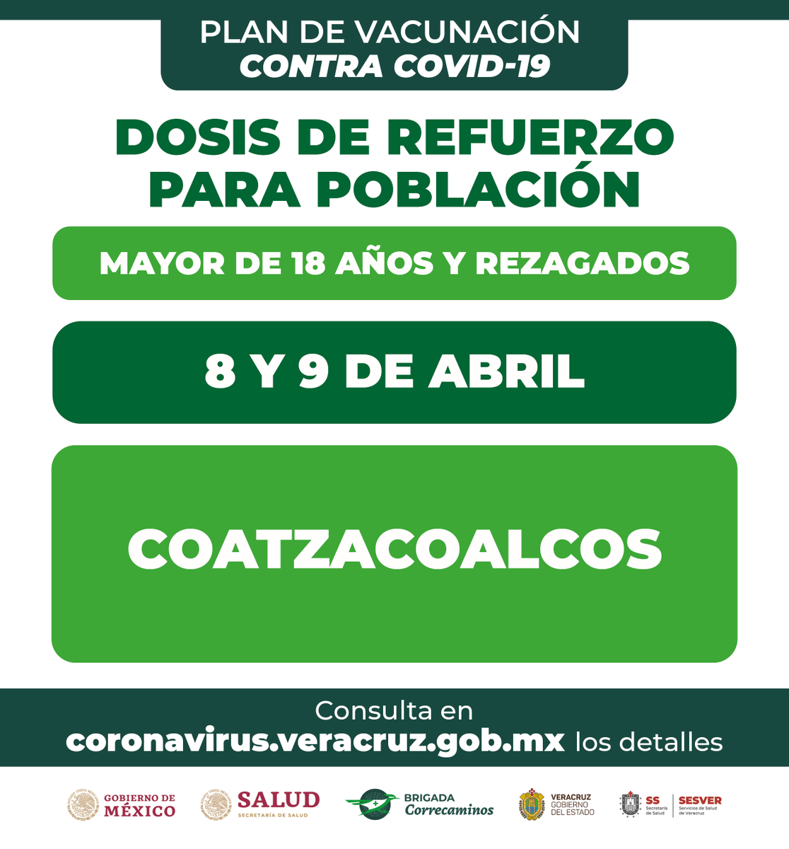 GobiernoVer's tweet photo. Mañana viernes 08 de abril, inicia el Plan de Vacunación con dosis de refuerzo para💉 personas de 18 años y más así como población rezagada en estos municipios 👇.

Visita https://t.co/w6Y6JgD218 y entérate de todos los detalles. https://t.co/zCCjlkBoAE