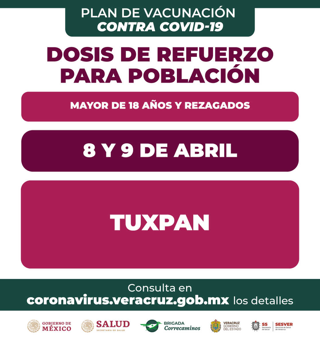 GobiernoVer's tweet photo. Mañana viernes 08 de abril, inicia el Plan de Vacunación con dosis de refuerzo para💉 personas de 18 años y más así como población rezagada en estos municipios 👇.

Visita https://t.co/w6Y6JgD218 y entérate de todos los detalles. https://t.co/zCCjlkBoAE