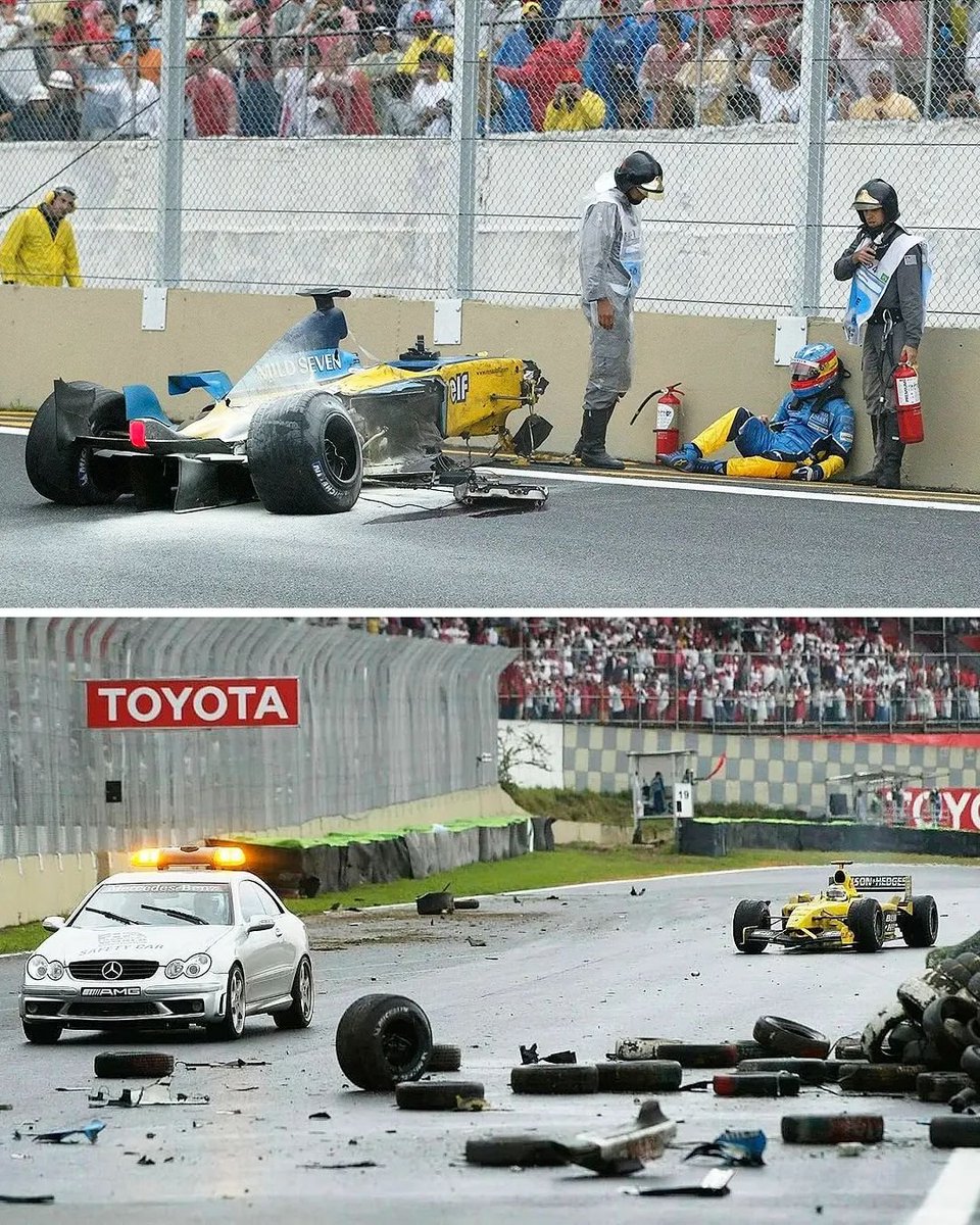 2003 BRAZIL One of the craziest races ever. Fernando Alonso was forced to miss the podium ceremony after hitting Webber's debris Giancarlo Fisichella was declared winner after a time scoring error, with Kimi handing over the trophy