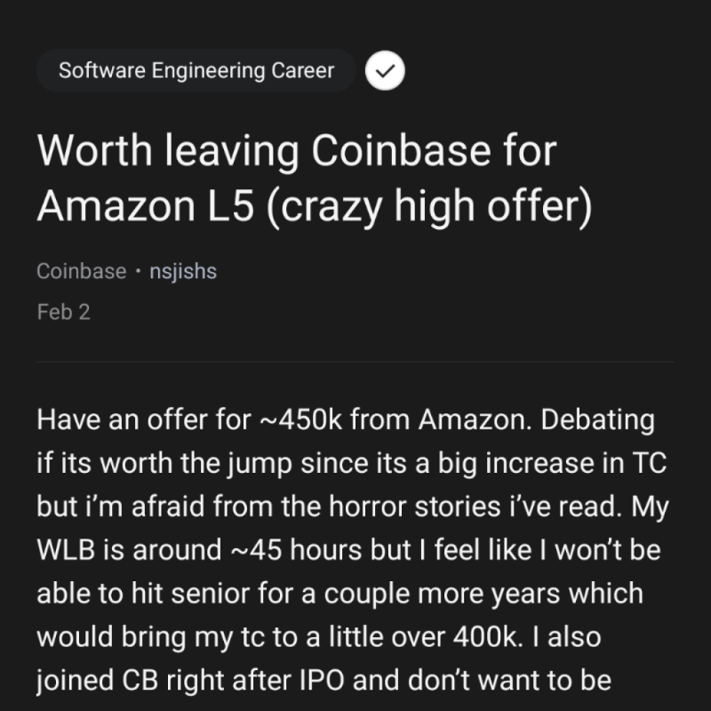 JoinBlind's tweet photo. Current comp: $260K
New offer from @Amazon: $450K
What would you choose? 
Download 🅱 to read the debate among verified tech employees.