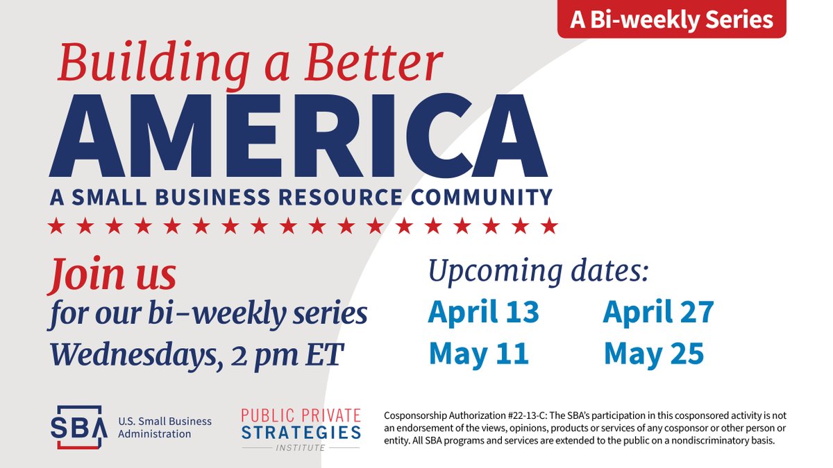 SBAgov's tweet photo. This week! Join SBA and @PubPrivStrat for a webinar on Wednesday at 2pm ET and learn about programs, services, and resources to help you grow your business. Register here: https://t.co/1wY6b4W6So https://t.co/yOw1sW0yI1
