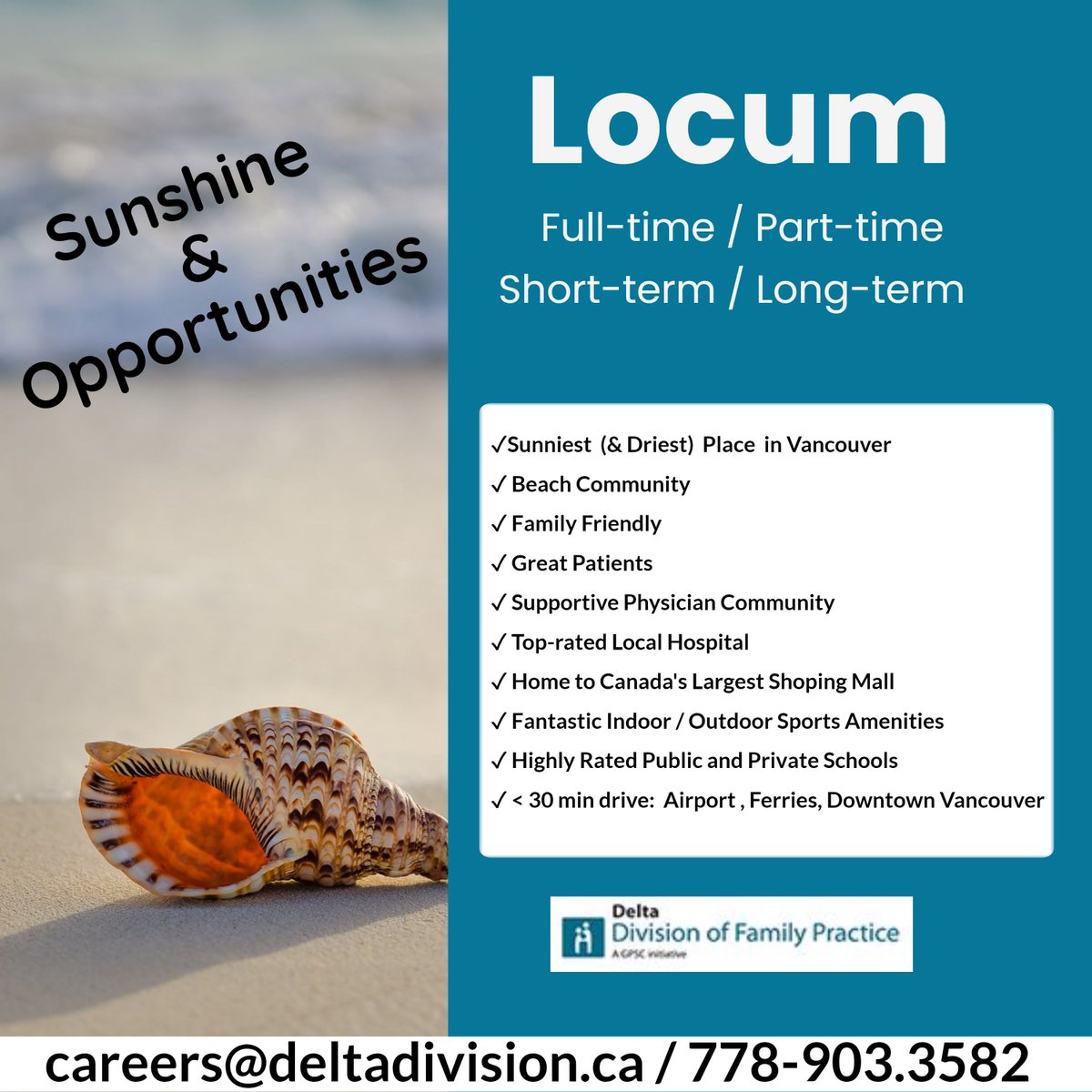 Delta Division of Family Practice supports the family medicine  in sunny, warm, welcoming beach communities of Ladner &amp; Tsawwassen in Greater Vancouver, BC.  Immediate openings for #FamilyMedicine #Locums   Call/Text 778.903.3582 Email careers@deltadivision.ca #familyPhysicians