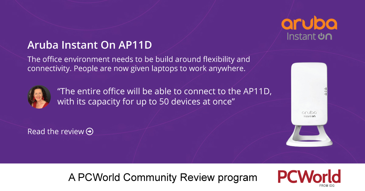 PCWorldAu's tweet photo. Enabling a mobile way of work means that offices needs a robust network of wireless. See the PCWorld community review on the Aruba Instant On AP11D access point tested by an IT Administrator in the office. #aruba #arubaap11d 
https://t.co/HOVn3v0lPY https://t.co/wZEEHmovsQ