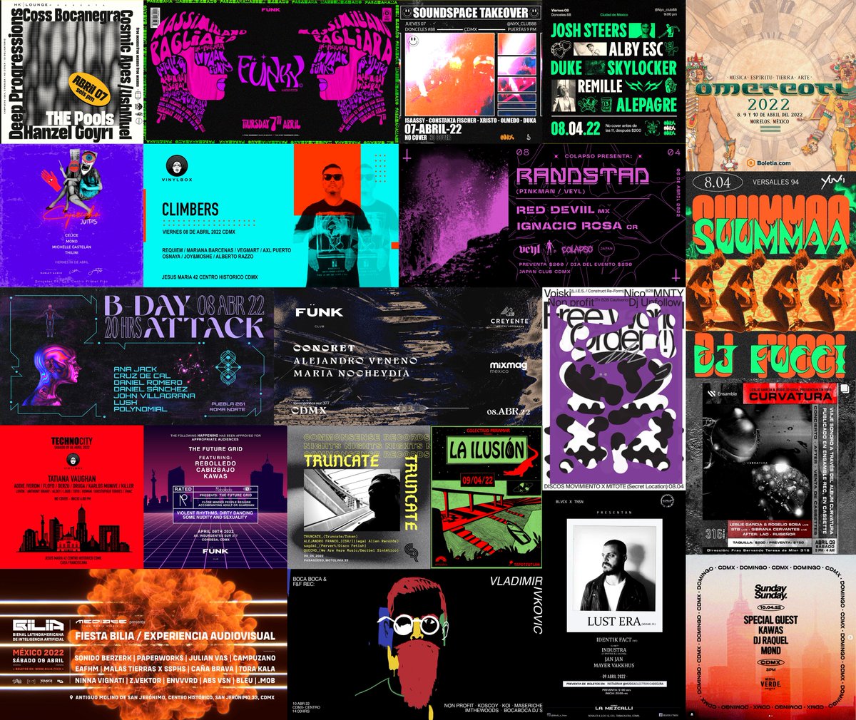 ¡SANTOS REVENTONES RAVER's! (7 al 10 de abril-'22)
Las #Fiestas de #MúsicaElectronica en la #CDMX y fuera de ella. ¡CHÉQUENLOS!. en FB 👇👇👇
facebook.com/VanguardiaUnde…

Vanguardia Underground
Es... Electrónica Suburbana
#House #Techno #PsyTrance #Progressive #Darkwave #EBM #Acid