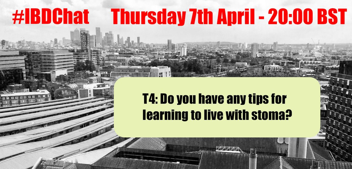 Crohnoid's tweet photo. T4: Do you have any tips for learning to live with a stoma?
#IBDChat https://t.co/8IaWb604Kd