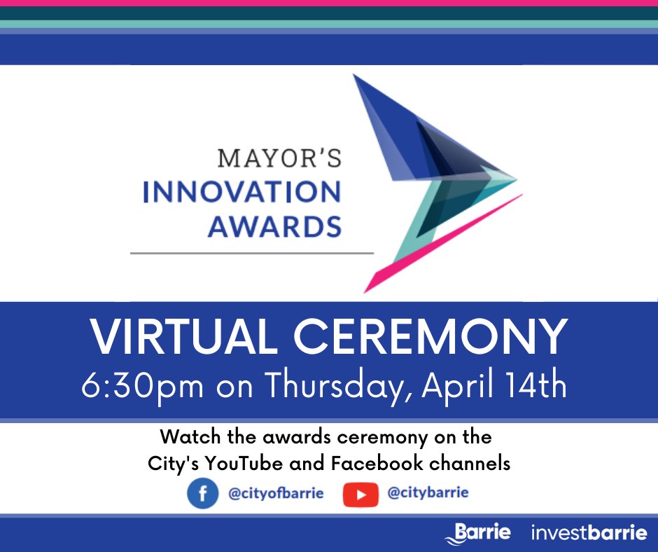 The Mayor’s Innovation Awards Virtual Ceremony. Watch the awards ceremony on the City's YouTube and Facebook channels, premiering at 6:30 p.m. on Thursday, April 14.
Learn more at: investbarrie.ca/innovationawar…
Sponsors: Adams Hamilton, Grant Thornton &amp; Meridian Business Banking