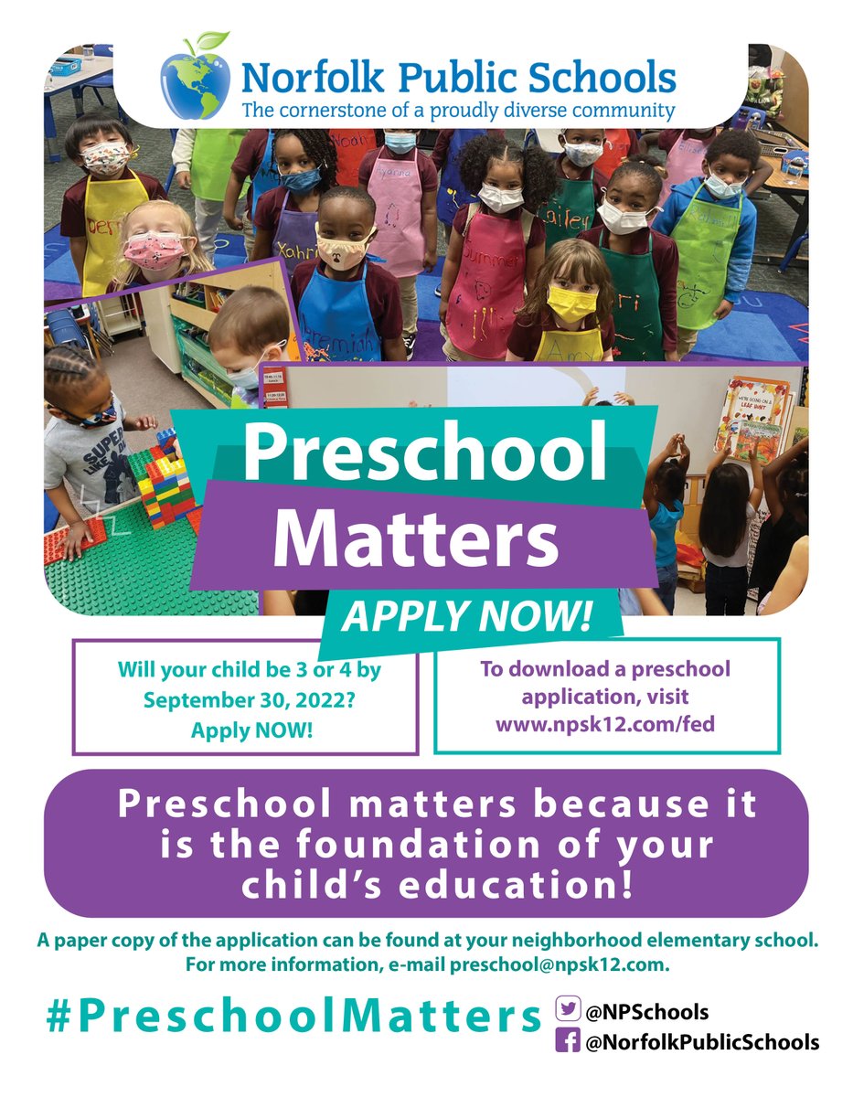 NPSchools_VA's tweet photo. NPS is now accepting applications for preschool!

If your child will be 3 or 4 by 9/30/22, don’t miss out on this important first step in your child’s education b/c #PreschoolMatters!
  
NPS’ preschool classes are FREE, in person, &amp; Mon-Fri.

Application: https://t.co/iCrINI6Q0W https://t.co/ZOxN1HKpkl