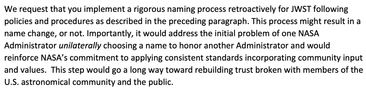 The American Astronomical Society has formally requested that NASA retroactively implement a proper naming process for JWST, with community input.

aas.org/posts/news/202…