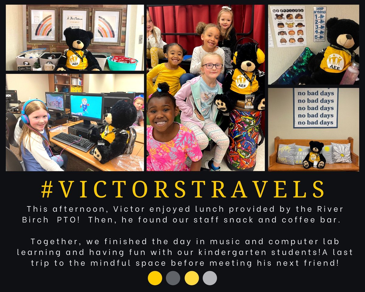 It was an amazing day <a href="/RBE_ACSC/">River Birch Elementary</a>!  #VictorsTravels is a very popular bear with our students and brought smiles to so many faces.  Check out his adventures!  I wonder who Victor will spend the next 24 hours with...stay tuned!  <a href="/aef_avonschools/">Avon Education Fdn</a> thank you for all you do!