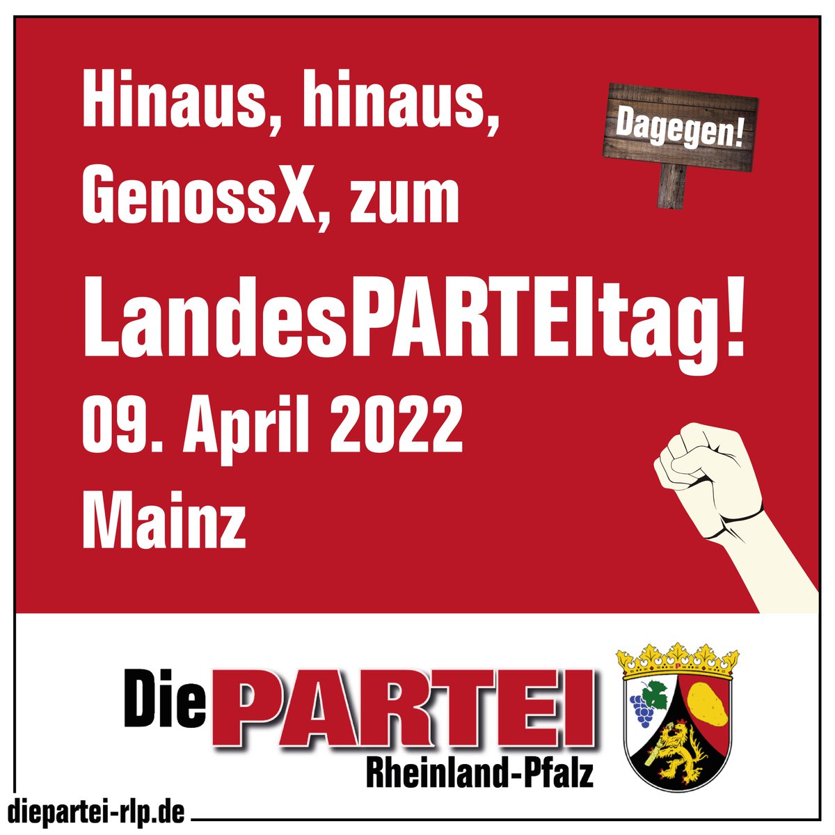 Hurra, der LV der sehr guten PARTEI Rheinland-Pfalz lädt zum LandesPARTEItag! 🥳
➡️ Samstag, Landeshauptstadt
#DiePARTEI #RLP #PARTEItag #DiePARTEIhatimmerrecht