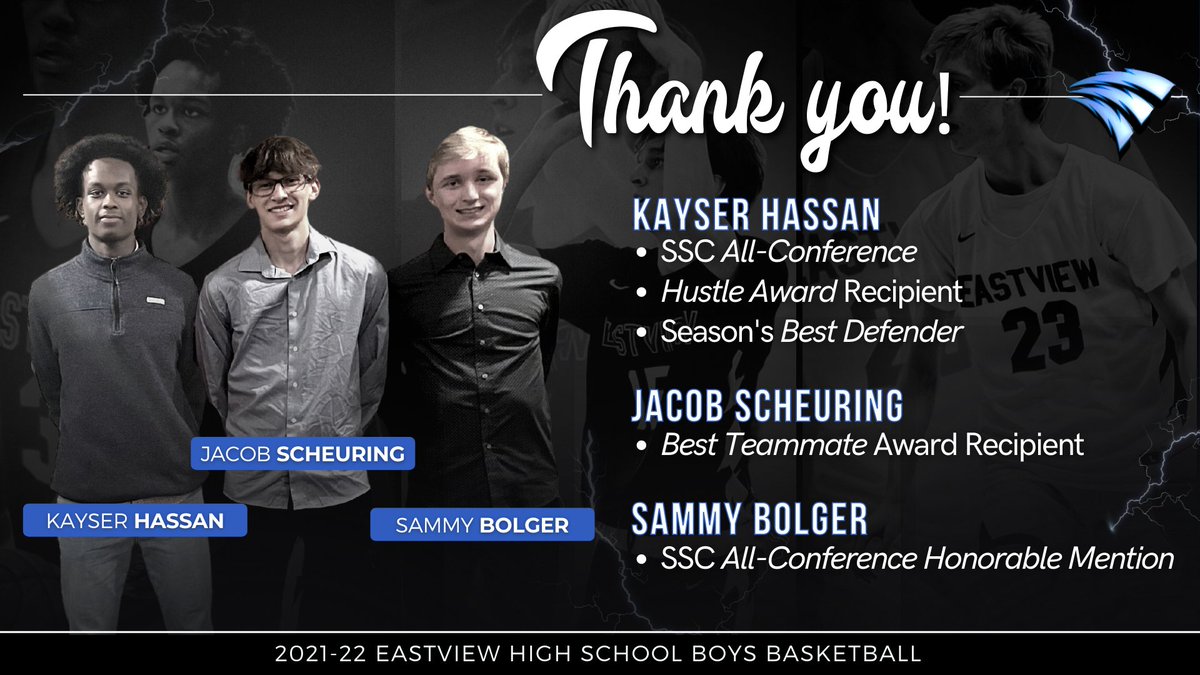 EVBoysHoops's tweet photo. Last night we got to celebrate the contributions of all of our players -- and we are really going to miss these guys.  The legacy of @KayserHassan, @Jacob_Scheuring &amp; @SammyBolger will be very long lasting. https://t.co/ARWJmG6uxg