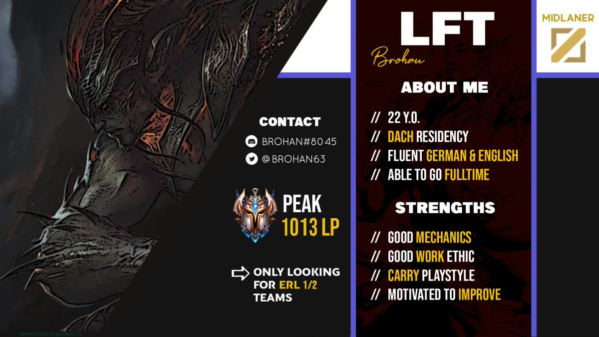 I realised that Soloq is not fulfilling me, so I decided to take a deep breath and dive into the competitive atmosphere and am now lookin to join a team that has a serious goal of becoming the best of themselves.

"thanks to @alex234_lol for making this insane graphic"