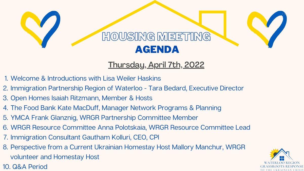 GrassrootsUkr's tweet photo. Interested in housing incoming Ukraine families???
Tonight's Agenda for the Housing Meeting!
Register through Eventbrite (link below).
https://t.co/WS2tFhbMNI
#wrgr #ukrainiansincanada #wilmotstrong #HomesforUkraine https://t.co/innaJ1mK47