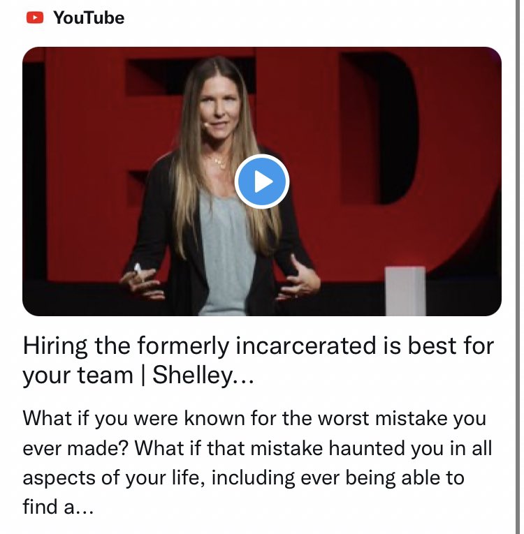 Watch: Shelley Winner’s TEDx Talk - “Hiring the formerly incarcerated is best your team” here: 
youtu.be/_zOikuUjzw8 

<a href="/Microsoft/">Microsoft</a> #FairChanceHiring #LivedExperience #BeIntentional <a href="/NYUSilver/">NYU Silver</a> #ReImagineJustice2022