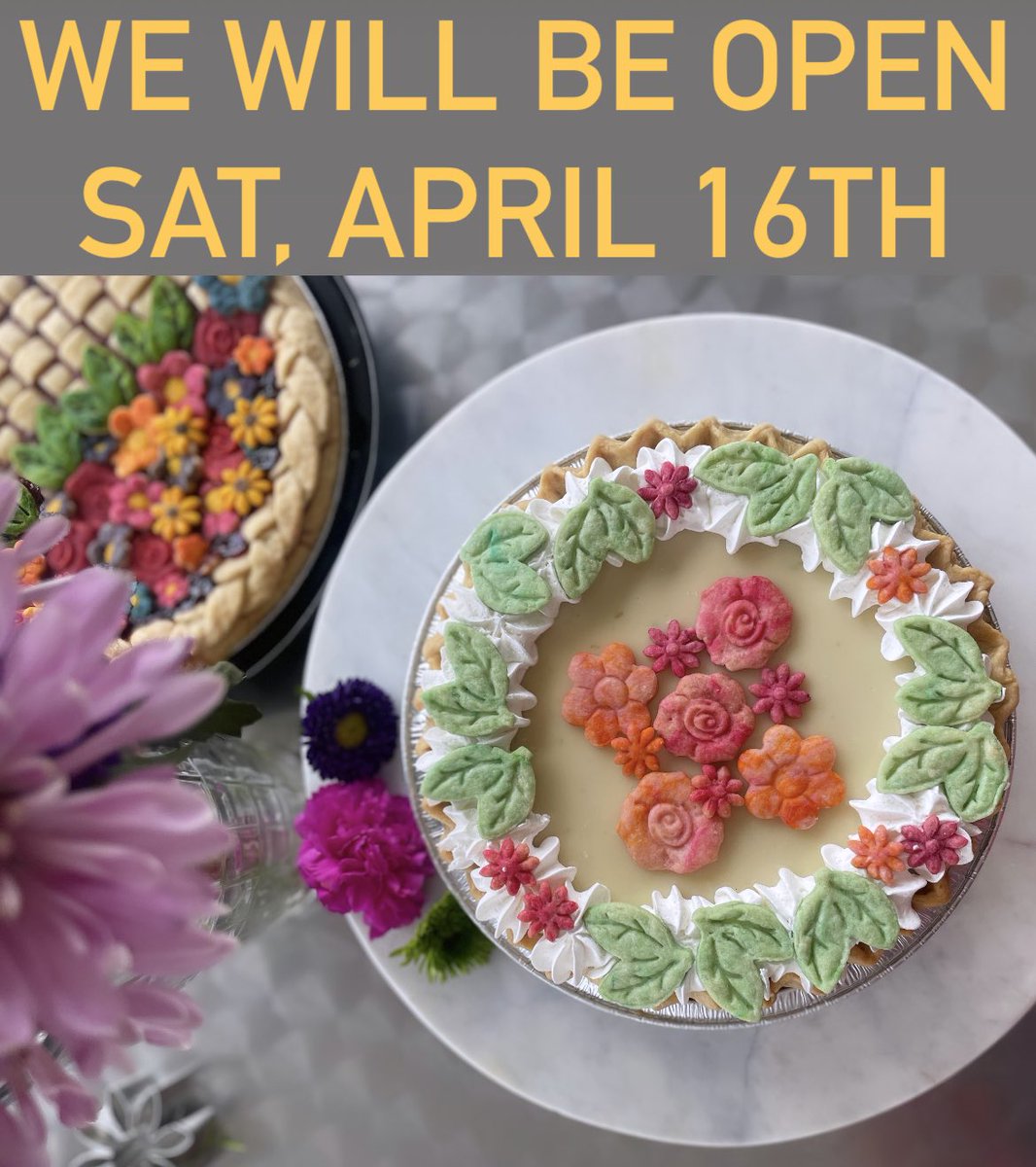 Have you placed your Easter order? We will be open our regular store hours but next week we will be open Saturday, April 16th! If you would prefer to walk-in and purchase we will also have slices and whole pies for sale 🌸🌺💐🥧~The Pie Lady