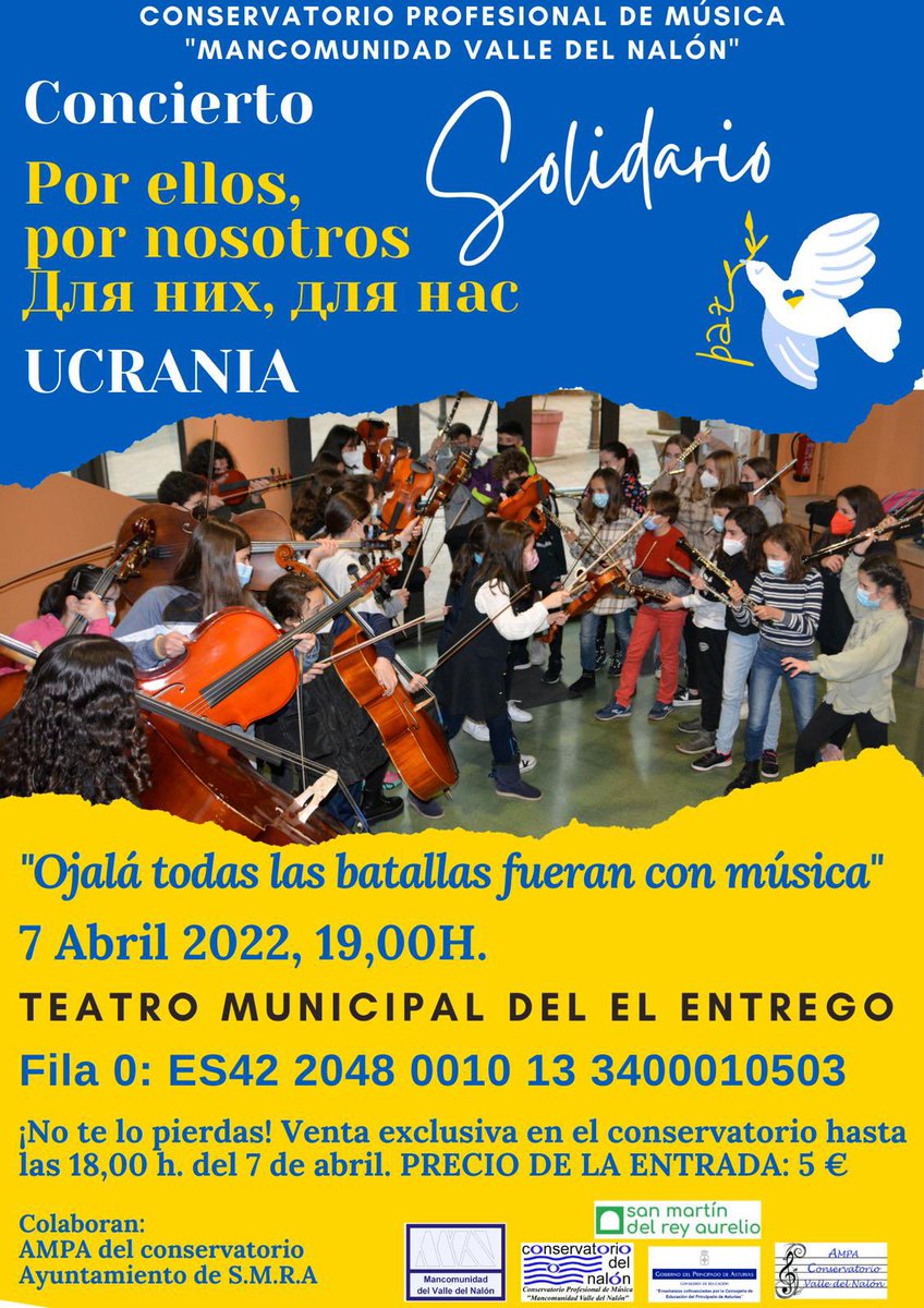 NNGG_Asturias's tweet photo. 👉🏽 Nuestros compañeros de @NNGG_SMRA y @nngglangreo han acudido hoy al concierto a favor de Ucrania 🇺🇦 organizado por el conservatorio de la Mancomunidad del Valle del Nalón, en el Teatro de El Entrego.

🎶 La cultura, también, como búsqueda por la paz. https://t.co/poZZMhJ0j1