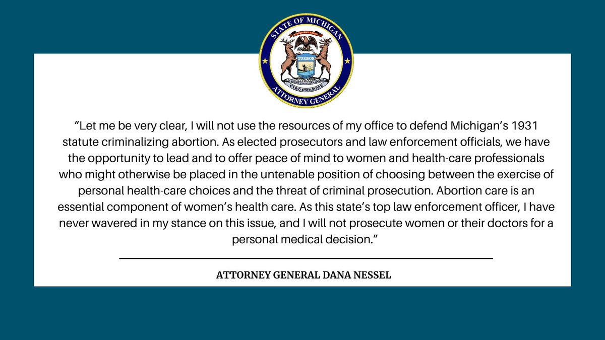 "Let me be very clear, I will not use the resources of my office to defend Michigan's 1931 statute criminalizing abortion. As elected prosecutors and law enforcement officials, we have the opportunity to lead and to offer peace of mind to women and health-care professionals who might otherwise be placed in the untenable position of choosing between the exercise of personal health-care choices and the threat of criminal prosecution.    "Abortion care is an essential component of women's health care. As this state's top law enforcement officer, I have never wavered in my stance on this issue, and I will not prosecute women or their doctors for a personal medical decision."