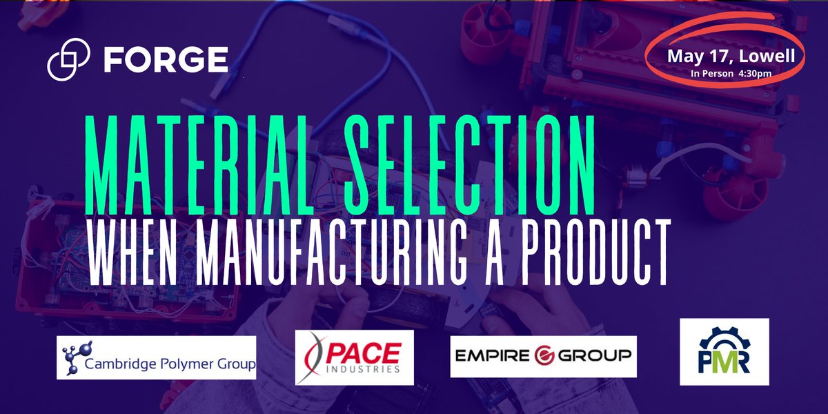 BabsFiner's tweet photo. So, manufacturing a product? How do you know which plastic or metal or biomaterial or process to select? I don't know, but our experts do! May 17 free but must register. https://t.co/xMgXT39HNX FORGE program at @iHub #lowell #materials #manufacturing https://t.co/G30F4iISSD