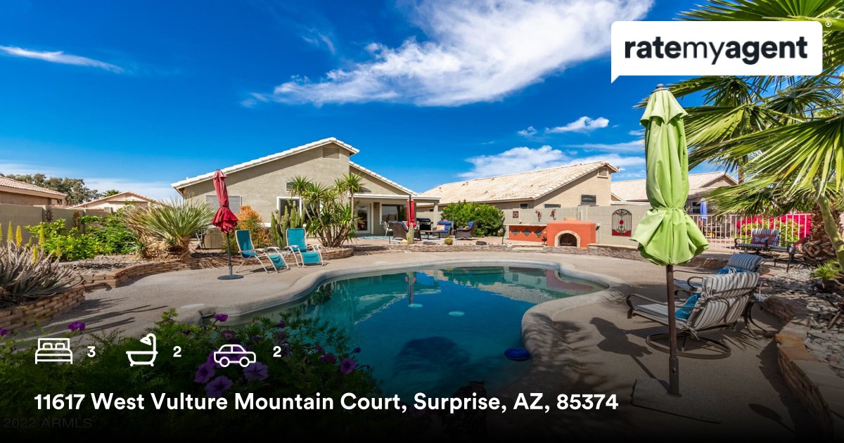 3 🛏 2 🛀 2 🚘 📍 11617 West Vulture Mountain Court, Surprise, AZ, 85374 My latest listing on #ratemyagent rma.reviews/g3oOrryYjCdR