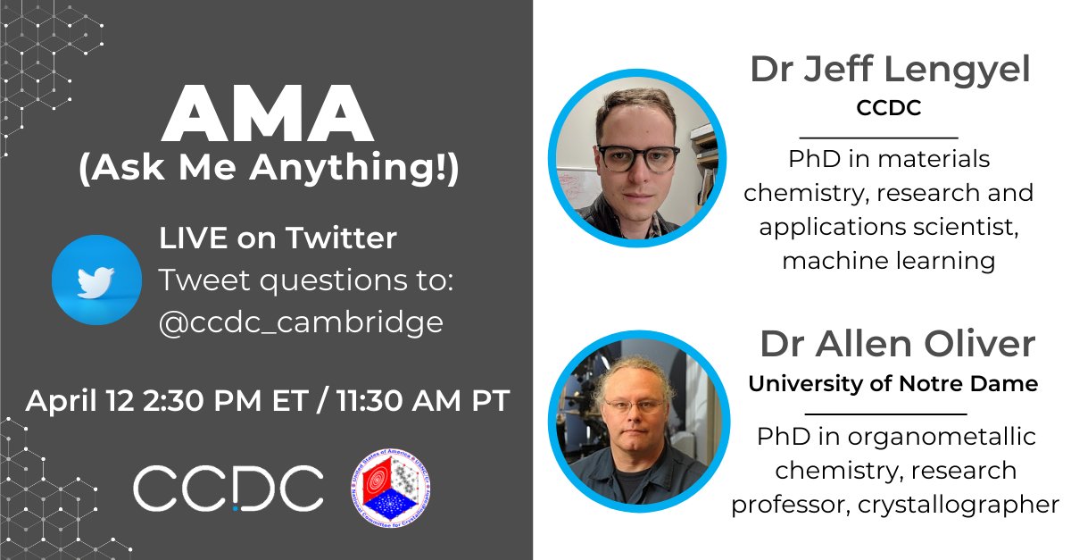 ccdc_cambridge's tweet photo. We're celebrating @usnccryst's online workshop series on crystallographic and structural databases with an AMA on Twitter:
⏰ April 12 2:30 – 3:30 PM ET
💬 @jeff_lengyel (CCDC) and Allen Oliver (@NDscience)
✔️ Tweet questions @ccdc_cambridge
✔️ Learn more:
https://t.co/FIaaPJScvP https://t.co/bMqm1IEmFc
