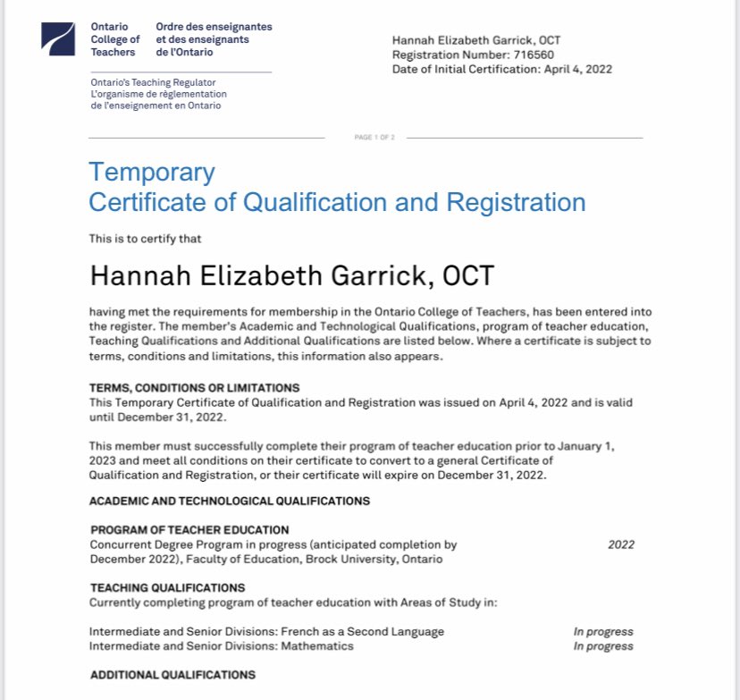 ms_garrick's tweet photo. After 6 years @brockueducation I can’t believe I’m one week away from finishing my program and starting to teach! Certification and all 🤩#frenchteacher #teacherlife https://t.co/QG70IsUbzk
