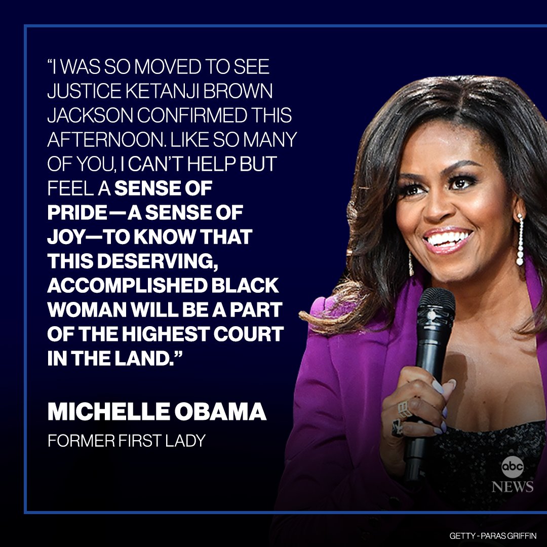 On confirmation of Judge Ketanji Brown Jackson, former first lady Michelle Obama says she feels a “sense of pride—a sense of joy—to know that this deserving, accomplished Black woman will be a part of the highest court in the land.” abcn.ws/3JecZb7