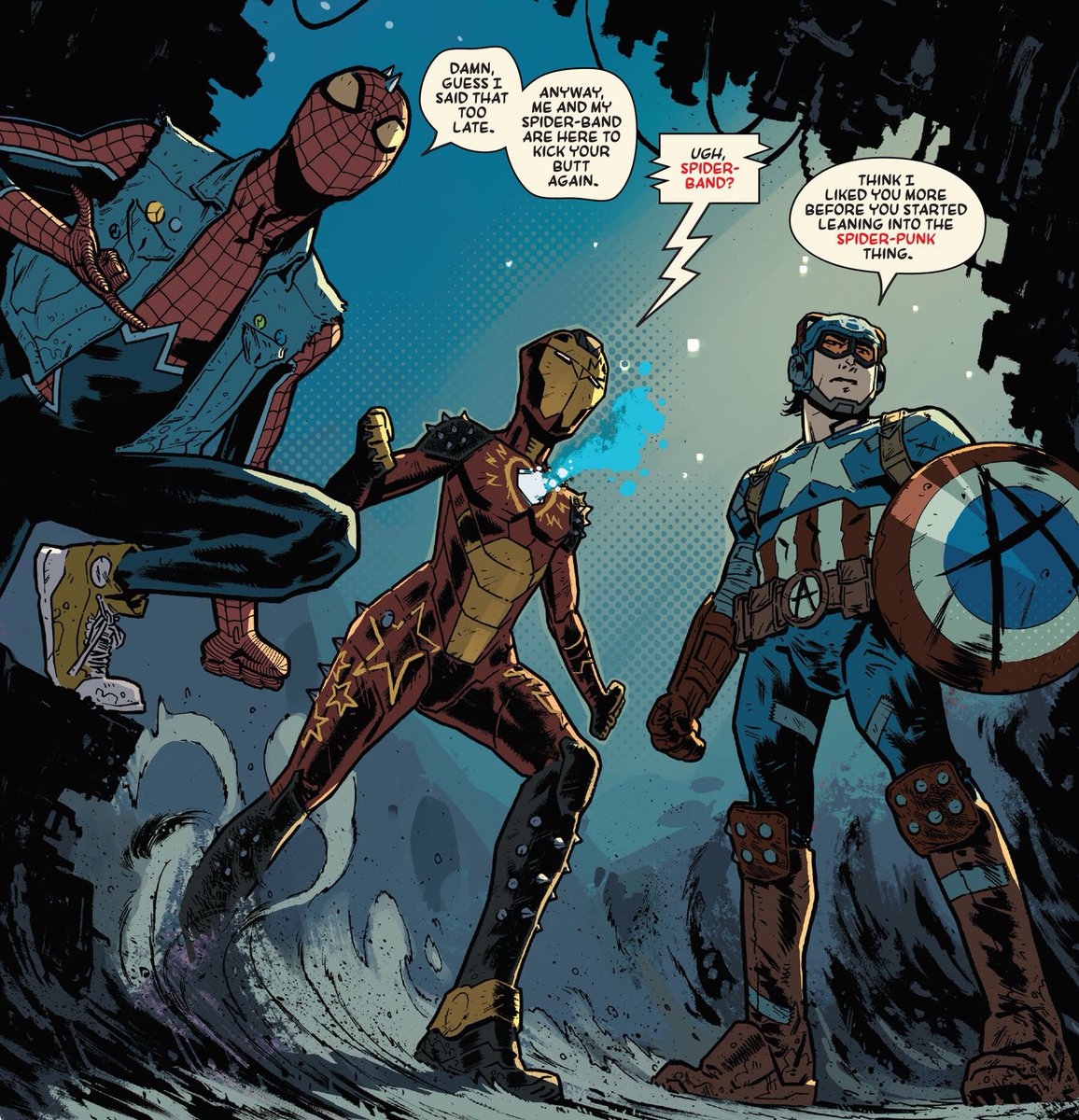 vyrkolach's tweet photo. Spider-Punk #1 (2022) gave me this trio, so I’d call it a success. 

[#SpiderMan] [#CaptainAnarchy] [#RiotHeart] https://t.co/hfLetZQTLB
