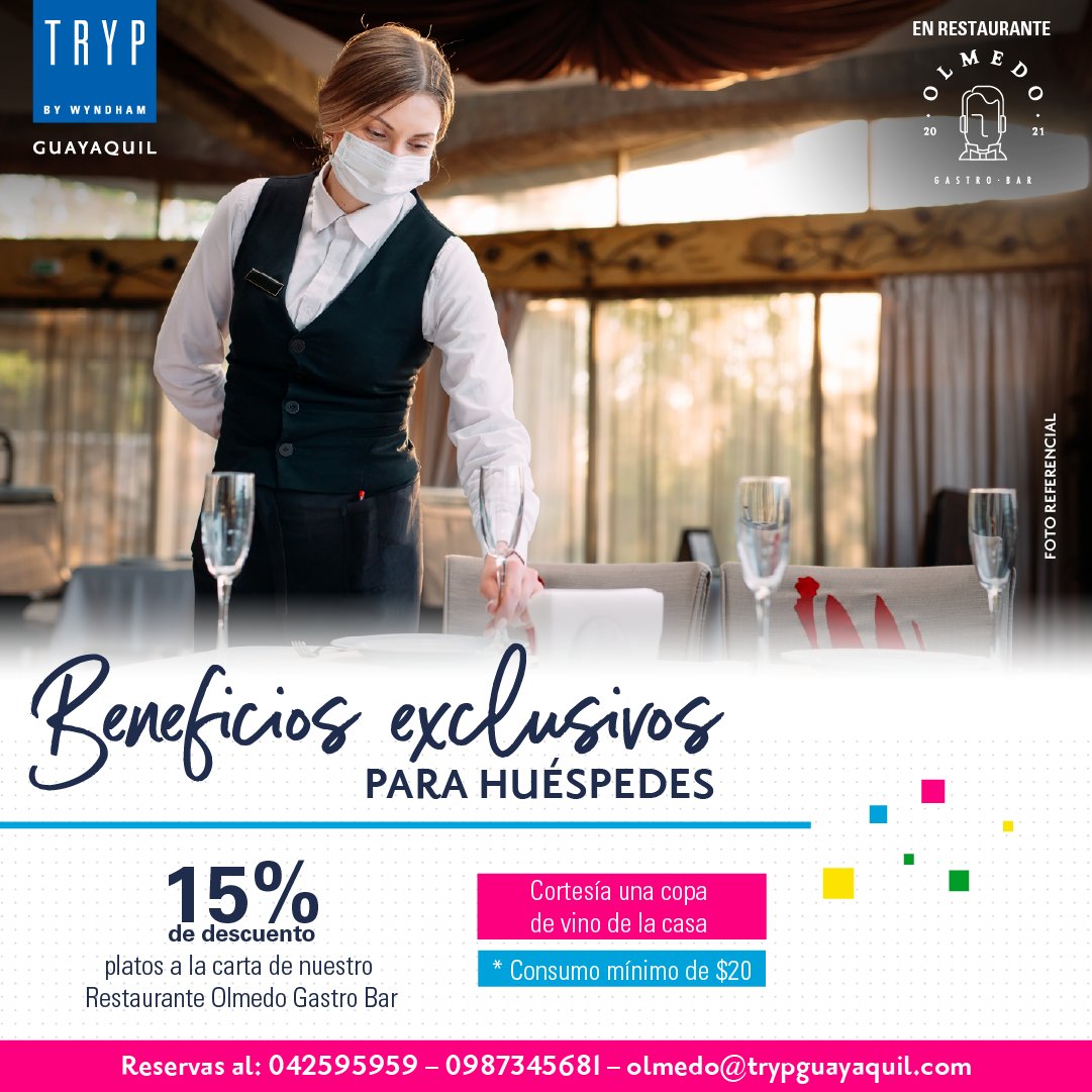 ¿Sabías que nuestros huéspedes tienen 15% de descuento en platos a la carta y una copa de vino de cortesía? 💙🤩

#trypbywyndhamguayaquil #ecuador #guayaquil #hotel