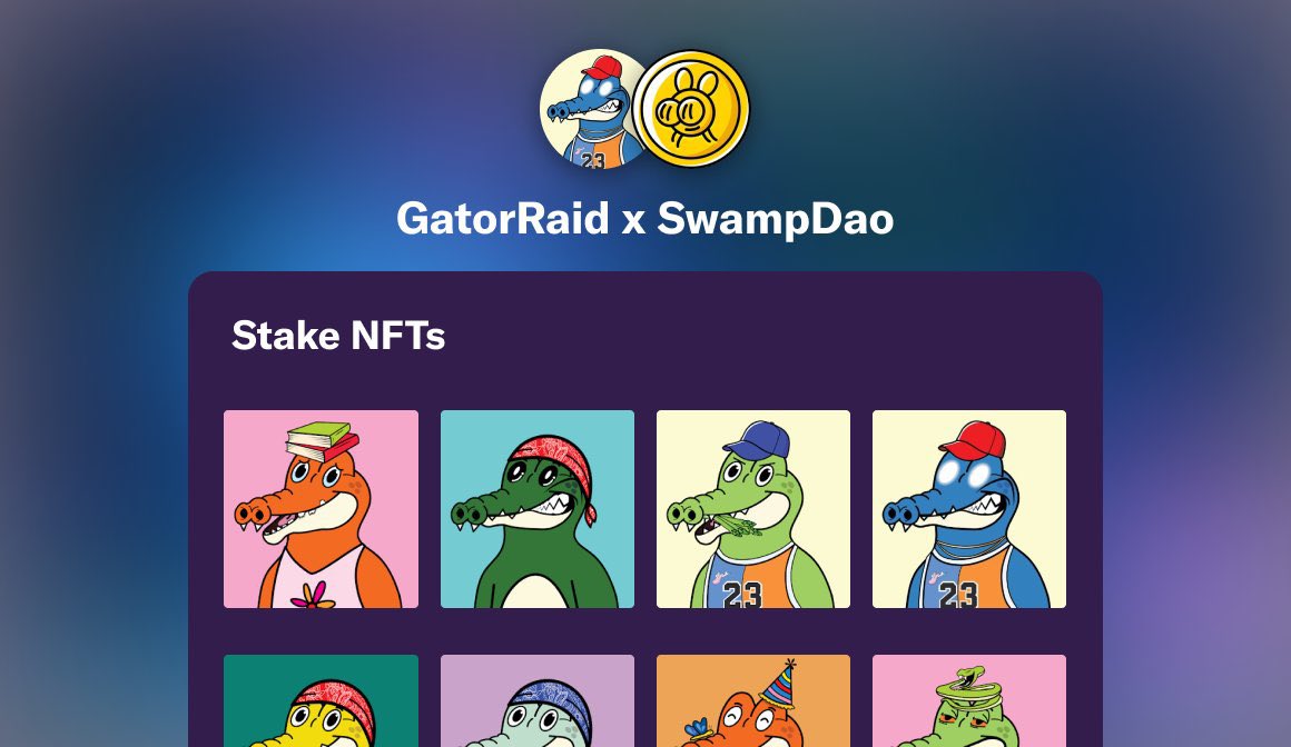 GatorRaid (@gatorraidnft) on Twitter photo Hello Gators and members of the swamp! You can now officially stake your gators in exchange for $FLYZ!!
Check out: swampdao.finance and get staked ASAP!!!
#gatorraid <a href="/DaoSwamp/">SwampDAO (πͺ°,πͺ°)</a> Hello Gators and members of the swamp! You can now officially stake your gators in exchange for $FLYZ!!
Check out: swampdao.finance and get staked ASAP!!!
#gatorraid <a href="/DaoSwamp/">SwampDAO (πͺ°,πͺ°)</a>