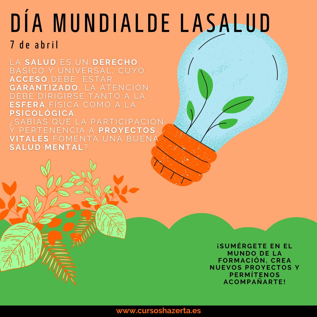 #DíaMundialDeLaSalud
¿Sabías que la pertenencia a proyectos vitales fomenta una buena salud mental?
En #Hazerta te proponemos incorporar la formación a tus proyectos. Permítenos acompañarte en ellos. 
¡Entra en cursoshazerta.es y sumérgete en nuevos proyectos! 💚💚💚
