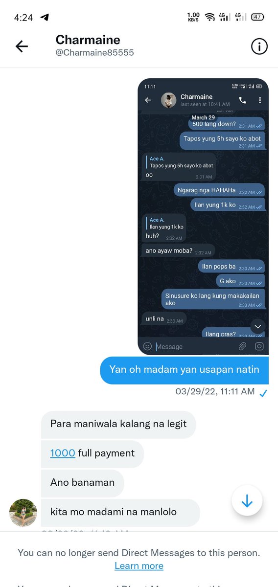 aceabad0218's tweet photo. Scammer alert again HAHAHAHA
Kayo na bahala kung papa dagit pa kayo lalo na habol nya fullpayment pa!
@Charmaime85555 iwas scam na lang kayo meron pang ibang prof. Yan https://t.co/3iukN0oclY