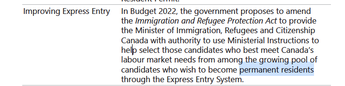TTRRMK's tweet photo. #Budget2022 #cndimm #ExpressEntry #PR the government proposes to amend #IRPA to provide
the @SeanFraserMP with authority to use MIS to help select those Express Entry candidates who best meet Canada’s labour market needs from among the EE Pool ie NOC specific draws https://t.co/qkRaYDe4X4