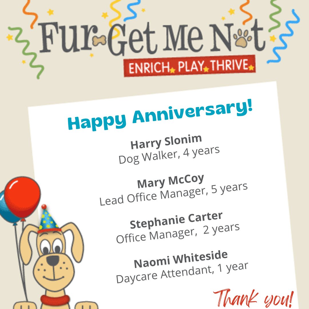 Congratulations to our employees celebrating anniversaries this month. Thank you for your dedication and service! Great job everyone! Cheers! 🎉 🐾⁠
 #animallovers #workforus #wearehiring #nowhiring #petprofessionals #dogwalker #dogtrainer #dogdaycare #arlingtonva #alexandriava