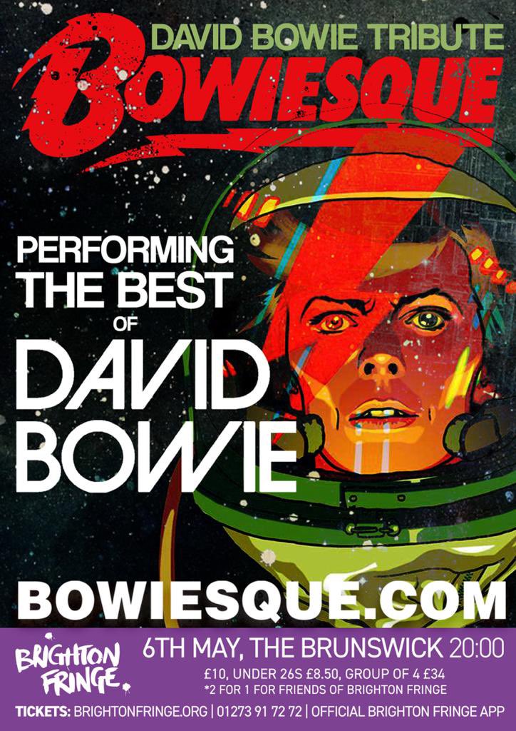 ***FRIDAY 6TH MAY 8PM***

Bowiesque are delighted to announce that we will be performing at <a href="/Brunswickpub/">The Brunswick</a> in #Hove as part of <a href="/brightonfringe/">Brighton Fringe</a> 

Tickets available from

brightonfringe.org/whats-on/bowie…

fb.me/e/1uqSUJT8x