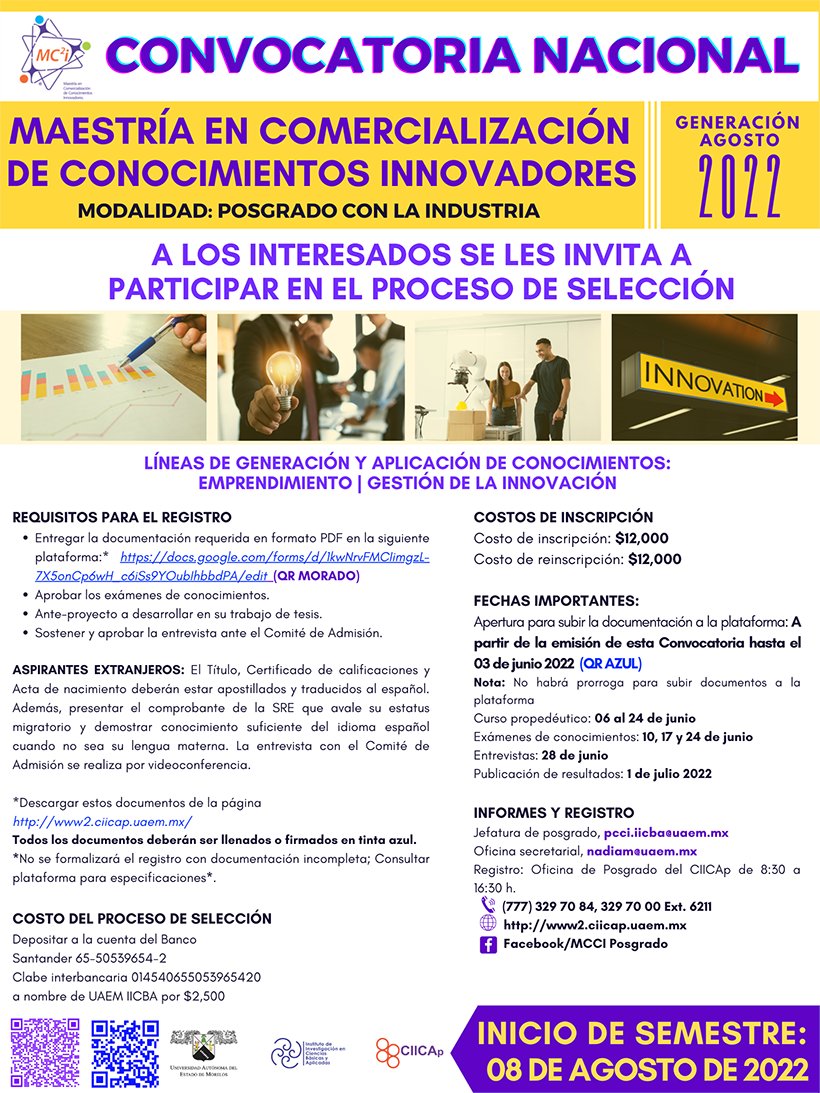 uaemorelos's tweet photo. Convocatoria Nacional | Maestría en Comercialización de Conocimientos Innovadores | Centro de Investigación en Ingeniería y Ciencias Aplicadas #Ciicap
Informes y registro: pcci.iicba@uaem.mx /nadiam@uaem.mx / 7773297084 o 7773297000 ext. 6211
#UAEM https://t.co/ghw5Uqe07x