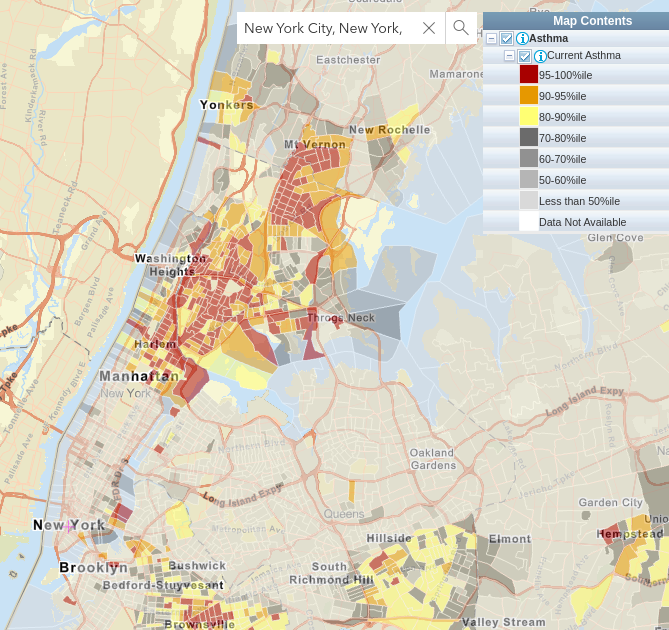 EJSCREEN 2.0 shows that asthma in Northern Manhattan, Bronx, etc. remains dramatically higher than in other parts of the city.
What can we do to eliminate this disparity?

ejscreen.epa.gov/mapper/