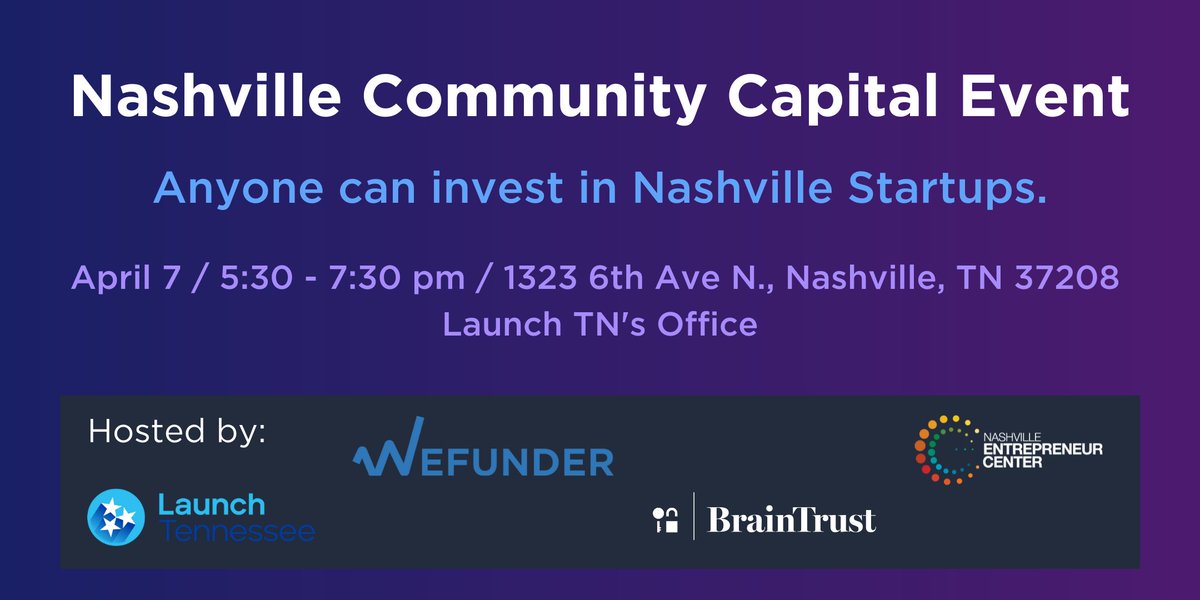 Wefunder's tweet image. We're excited to see our Nashville Entrepreneurs on stage shortly. Be sure to get some early info on them beforehand as well. wefunder.com/community/nash…

We'll see you there later in person or via our stream. youtu.be/htqh8UlXT2k via @YouTube
